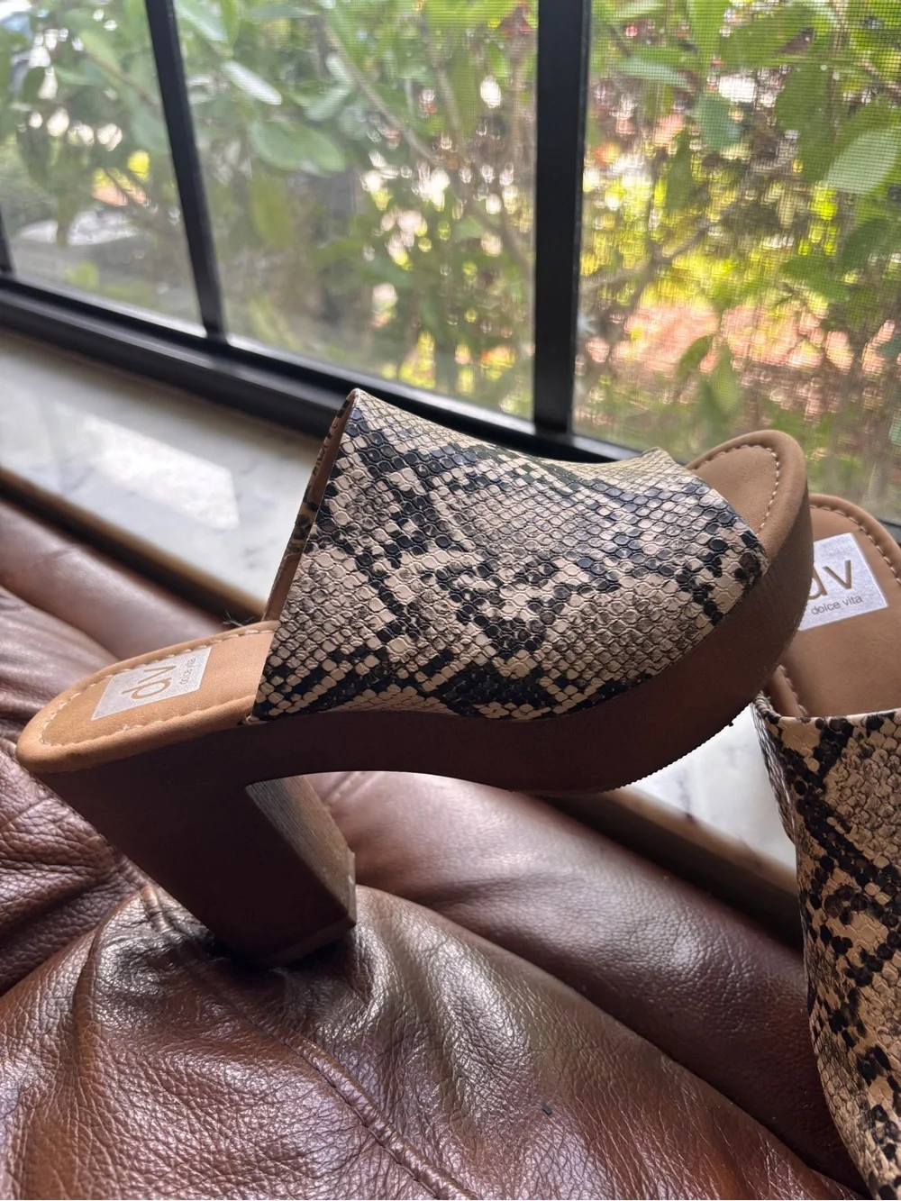 DV by Dolce Vita Beige and Black Snake-Print Platform Mules